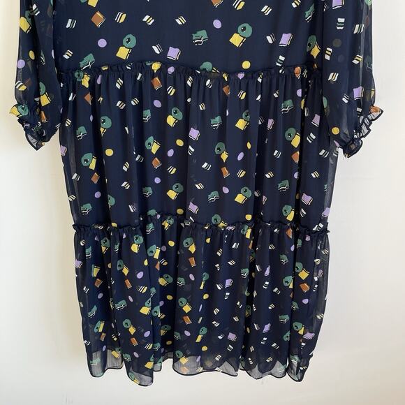 Jian Ruyi 2XL Blue Printed Semi Sheer Tiered Midi Dress Sheer Puff Sleeves - Picture 8 of 11